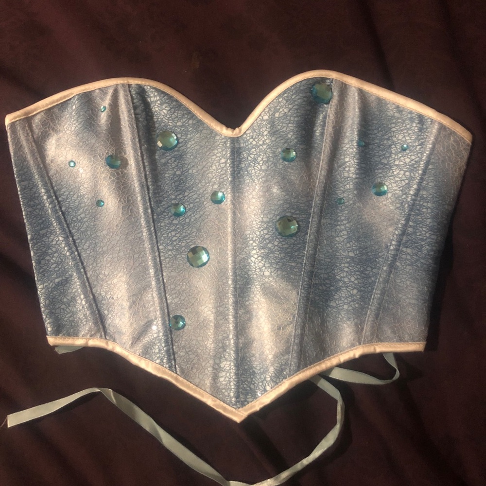 Light Blue Gem-Embellished Strapless Corset Top